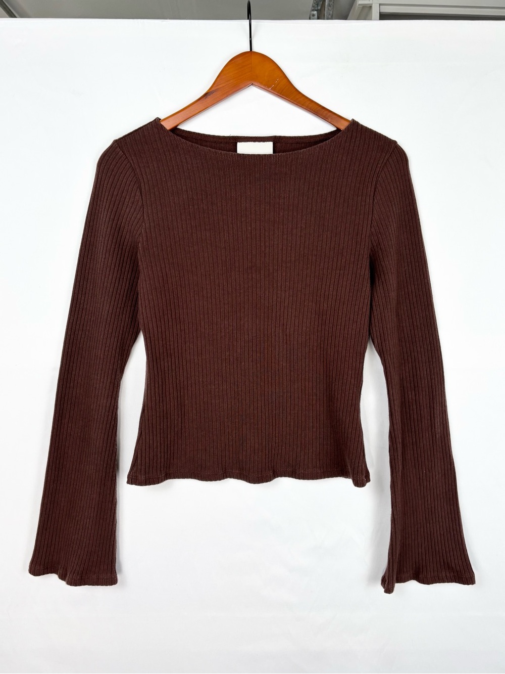 Reformation Miller Knit Top Brown Size L Long Sleeve Ribbed Boat Neck Cafe